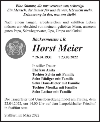 Traueranzeige von Horst Meier  von Magdeburger Volksstimme
