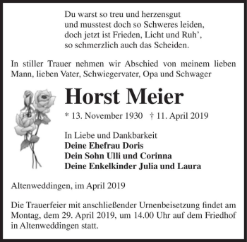 Traueranzeige von Horst Meier  von Magdeburger Volksstimme