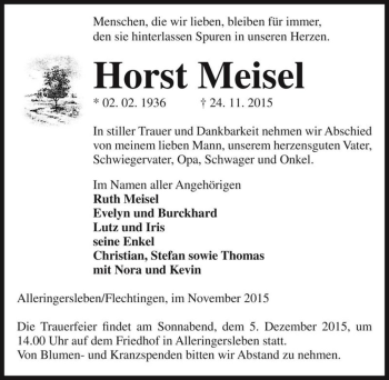 Traueranzeige von Horst Meisel  von Magdeburger Volksstimme