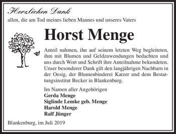 Traueranzeige von Horst Menge  von Magdeburger Volksstimme