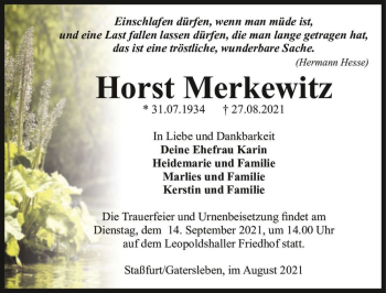 Traueranzeige von Horst Merkewitz  von Magdeburger Volksstimme