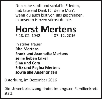 Traueranzeige von Horst Mertens  von Magdeburger Volksstimme