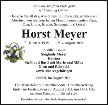 Traueranzeige von Horst Meyer  von Magdeburger Volksstimme