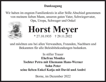 Traueranzeige von Horst Meyer  von Magdeburger Volksstimme