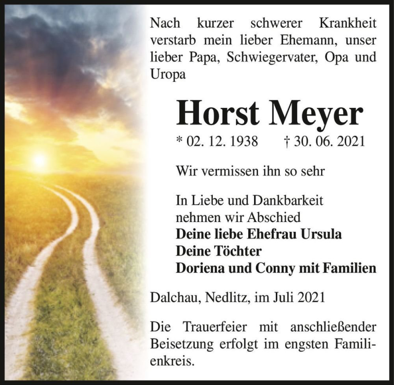  Traueranzeige für Horst Meyer  vom 10.07.2021 aus Magdeburger Volksstimme