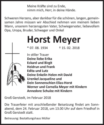 Traueranzeige von Horst Meyer  von Magdeburger Volksstimme