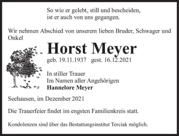Traueranzeige von Horst Meyer  von Magdeburger Volksstimme