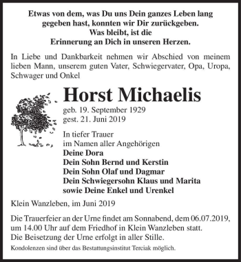 Traueranzeige von Horst Michaelis  von Magdeburger Volksstimme