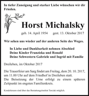 Traueranzeige von Horst Michalsky  von Magdeburger Volksstimme
