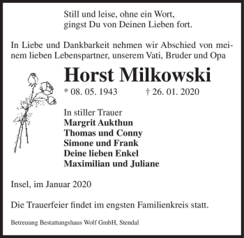 Traueranzeige von Horst Milkowski  von Magdeburger Volksstimme