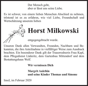 Traueranzeige von Horst Milkowski  von Magdeburger Volksstimme