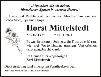 Traueranzeige von Horst Mittelstedt  von Magdeburger Volksstimme
