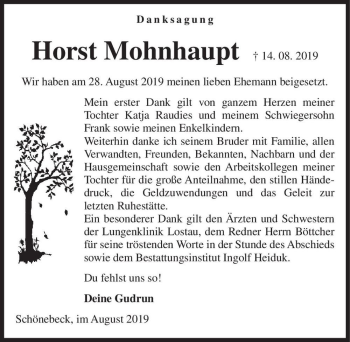 Traueranzeige von Horst Mohnhaupt  von Magdeburger Volksstimme