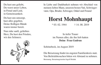 Traueranzeige von Horst Mohnhaupt  von Magdeburger Volksstimme
