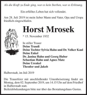 Traueranzeige von Horst Mrosek  von Magdeburger Volksstimme