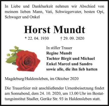 Traueranzeige von Horst Mundt  von Magdeburger Volksstimme