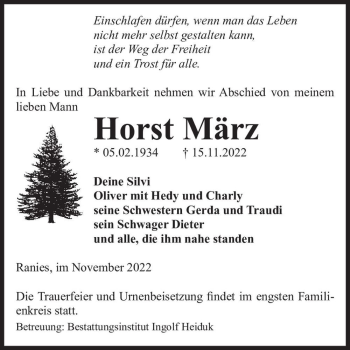 Traueranzeige von Horst März  von Magdeburger Volksstimme
