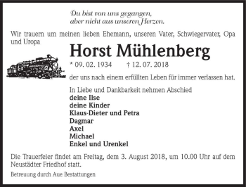 Traueranzeige von Horst Mühlenberg  von Magdeburger Volksstimme