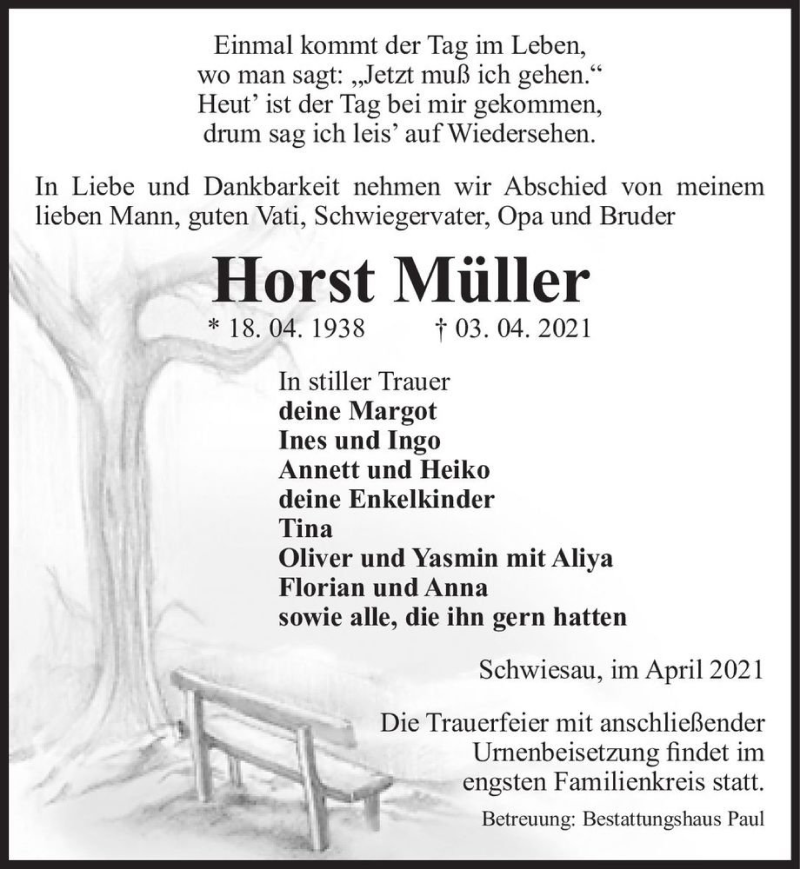  Traueranzeige für Horst Müller  vom 08.04.2021 aus Magdeburger Volksstimme