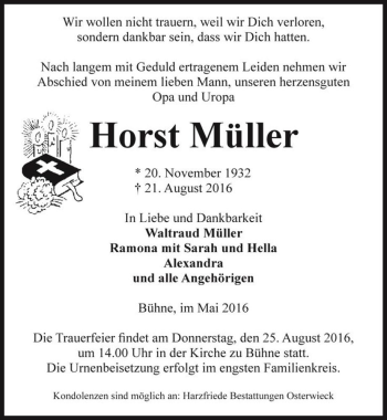 Traueranzeige von Horst Müller  von Magdeburger Volksstimme