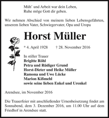 Traueranzeige von Horst Müller  von Magdeburger Volksstimme