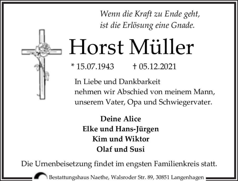  Traueranzeige für Horst Müller  vom 18.12.2021 aus Magdeburger Volksstimme
