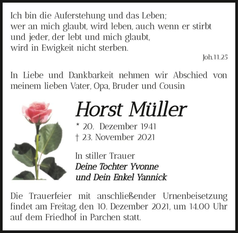  Traueranzeige für Horst Müller  vom 27.11.2021 aus Magdeburger Volksstimme