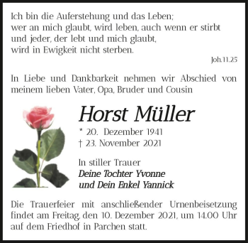 Traueranzeige von Horst Müller  von Magdeburger Volksstimme
