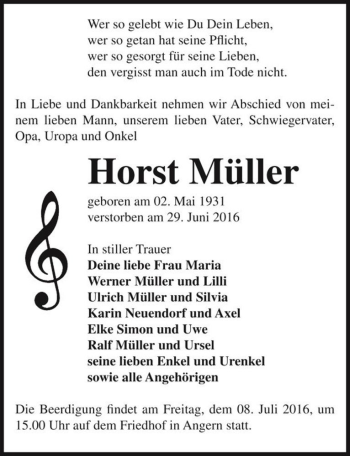 Traueranzeige von Horst Müller  von Magdeburger Volksstimme
