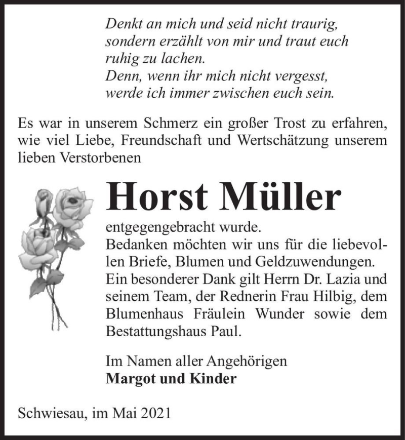  Traueranzeige für Horst Müller  vom 11.05.2021 aus Magdeburger Volksstimme