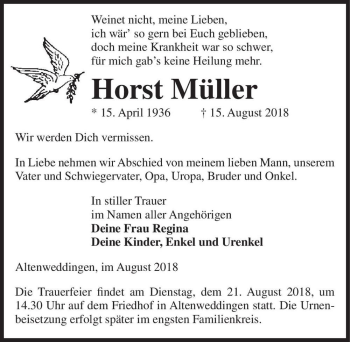 Traueranzeige von Horst Müller  von Magdeburger Volksstimme