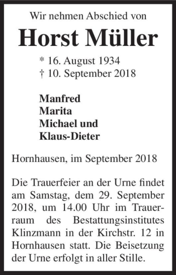 Traueranzeige von Horst Müller  von Magdeburger Volksstimme