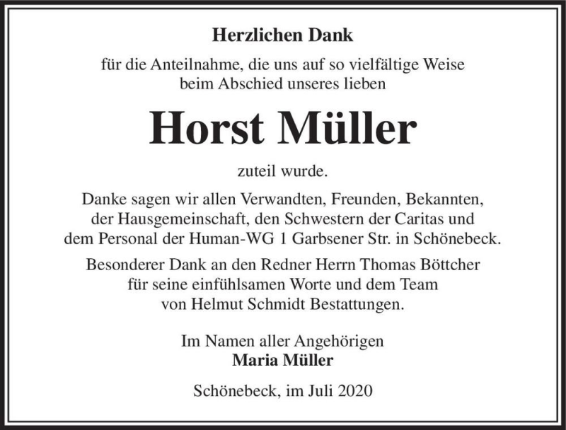  Traueranzeige für Horst Müller  vom 18.07.2020 aus Magdeburger Volksstimme