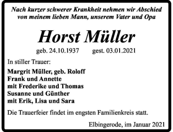 Traueranzeige von Horst Müller  von Magdeburger Volksstimme