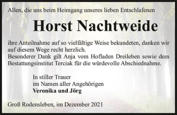 Traueranzeige von Horst Nachtweide  von Magdeburger Volksstimme