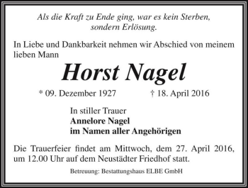 Traueranzeige von Horst Nagel  von Magdeburger Volksstimme