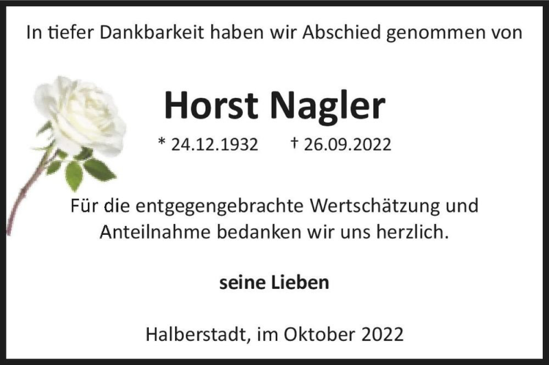  Traueranzeige für Horst Nagler  vom 22.10.2022 aus Magdeburger Volksstimme