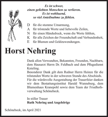 Traueranzeige von Horst Nehring  von Magdeburger Volksstimme