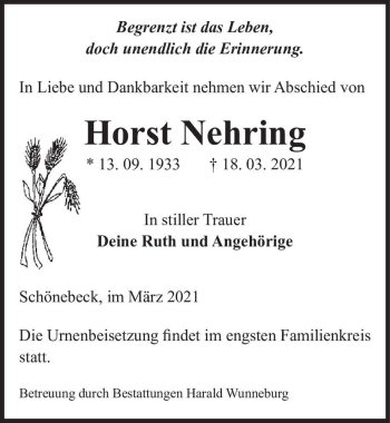Traueranzeige von Horst Nehring  von Magdeburger Volksstimme