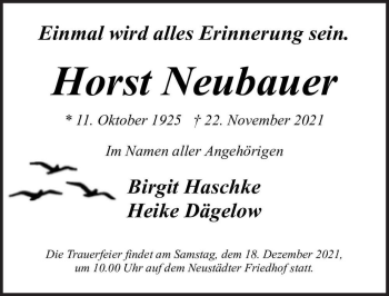 Traueranzeige von Horst Neubauer  von Magdeburger Volksstimme