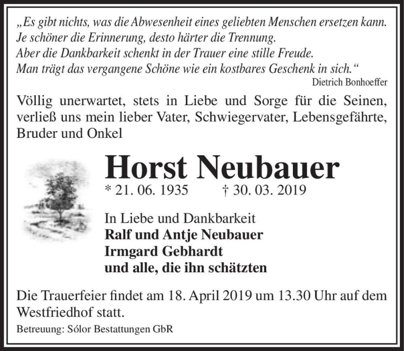  Traueranzeige für Horst Neubauer  vom 06.04.2019 aus Magdeburger Volksstimme
