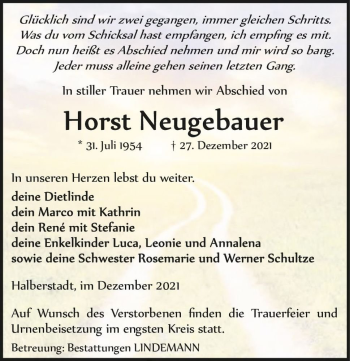 Traueranzeige von Horst Neugebauer  von Magdeburger Volksstimme