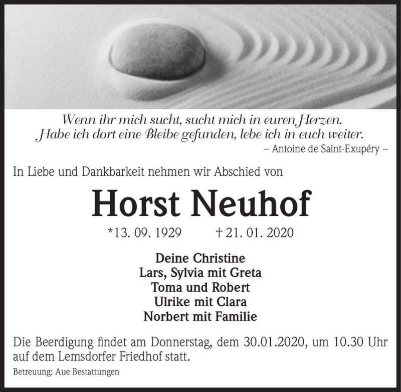  Traueranzeige für Horst Neuhof  vom 25.01.2020 aus Magdeburger Volksstimme