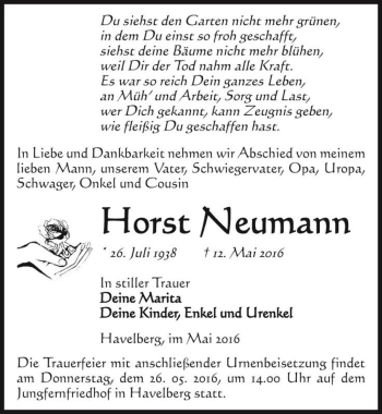 Traueranzeige von Horst Neumann  von Magdeburger Volksstimme