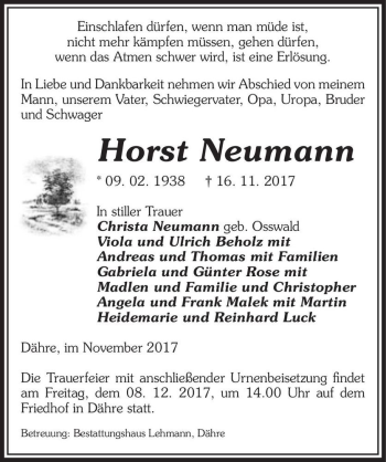 Traueranzeige von Horst Neumann  von Magdeburger Volksstimme