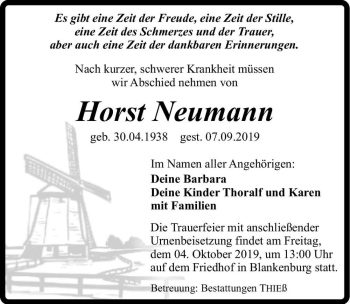 Traueranzeige von Horst Neumann  von Magdeburger Volksstimme