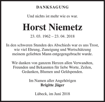 Traueranzeige von Horst Niemetz  von Magdeburger Volksstimme