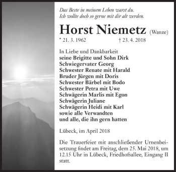 Traueranzeige von Horst Niemetz (Wanze)  von Magdeburger Volksstimme