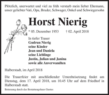 Traueranzeige von Horst Nierig  von Magdeburger Volksstimme