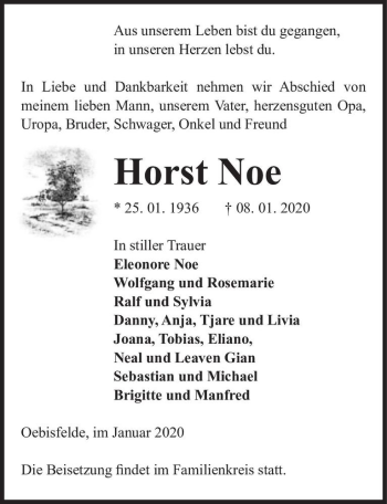 Traueranzeige von Horst Noe  von Magdeburger Volksstimme
